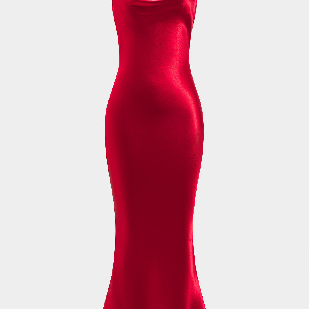 Saten Sırtı Açık Midi Elbise