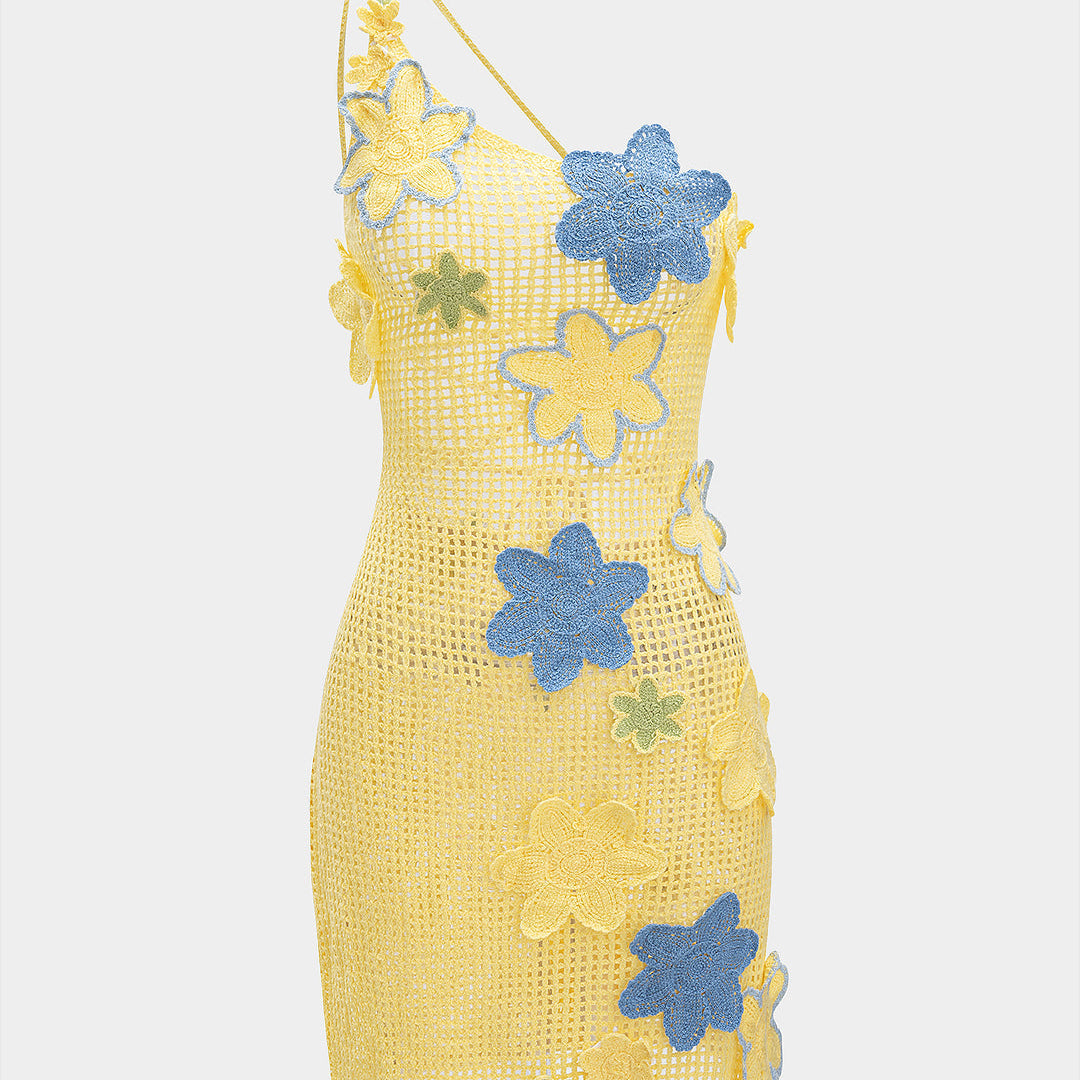 Örgü Asimetrik Boncuklu 3D Çiçekli Boş Arka Kısmı Açık Kolsuz Elbise