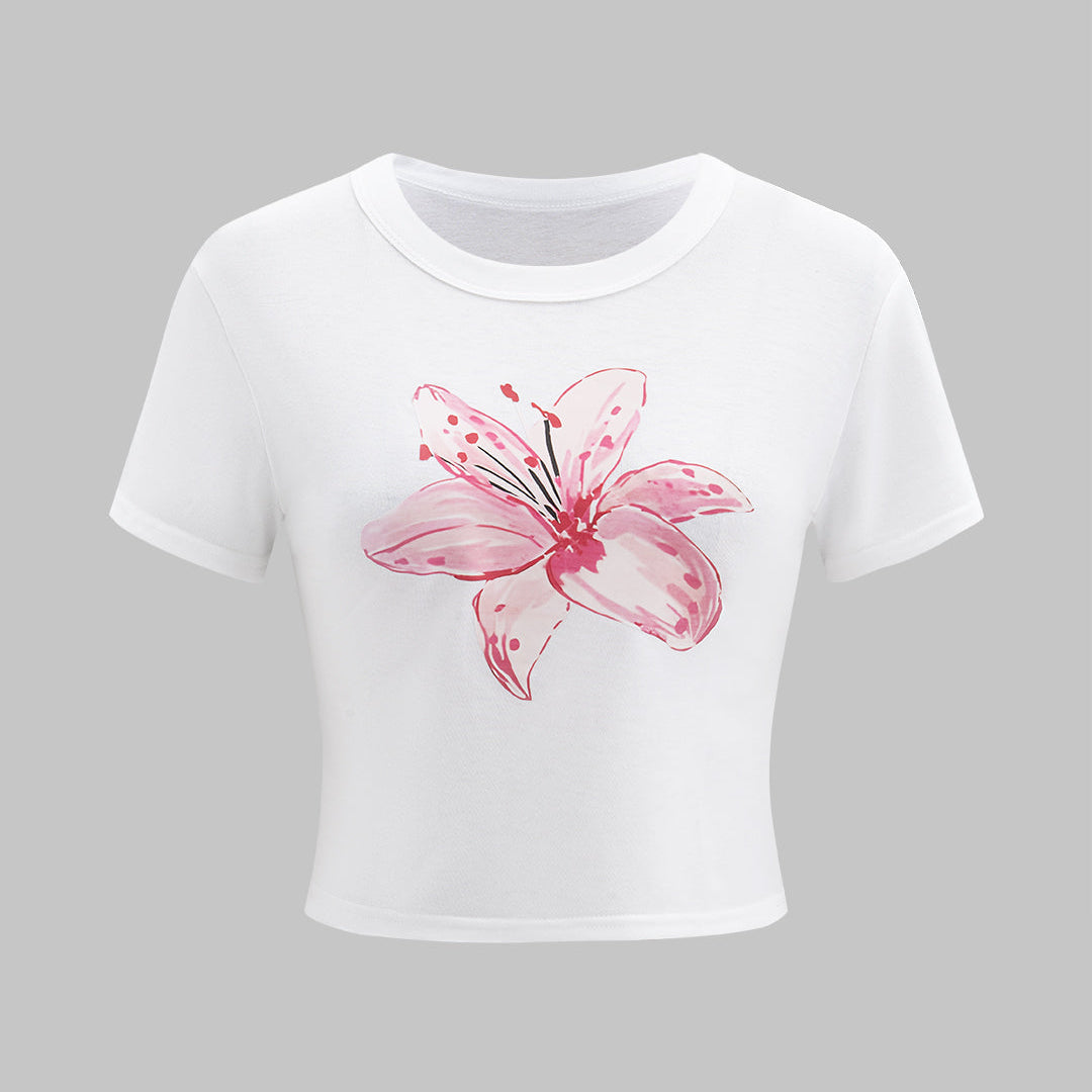 Çiçek Desenli Kısa Kol Tişört