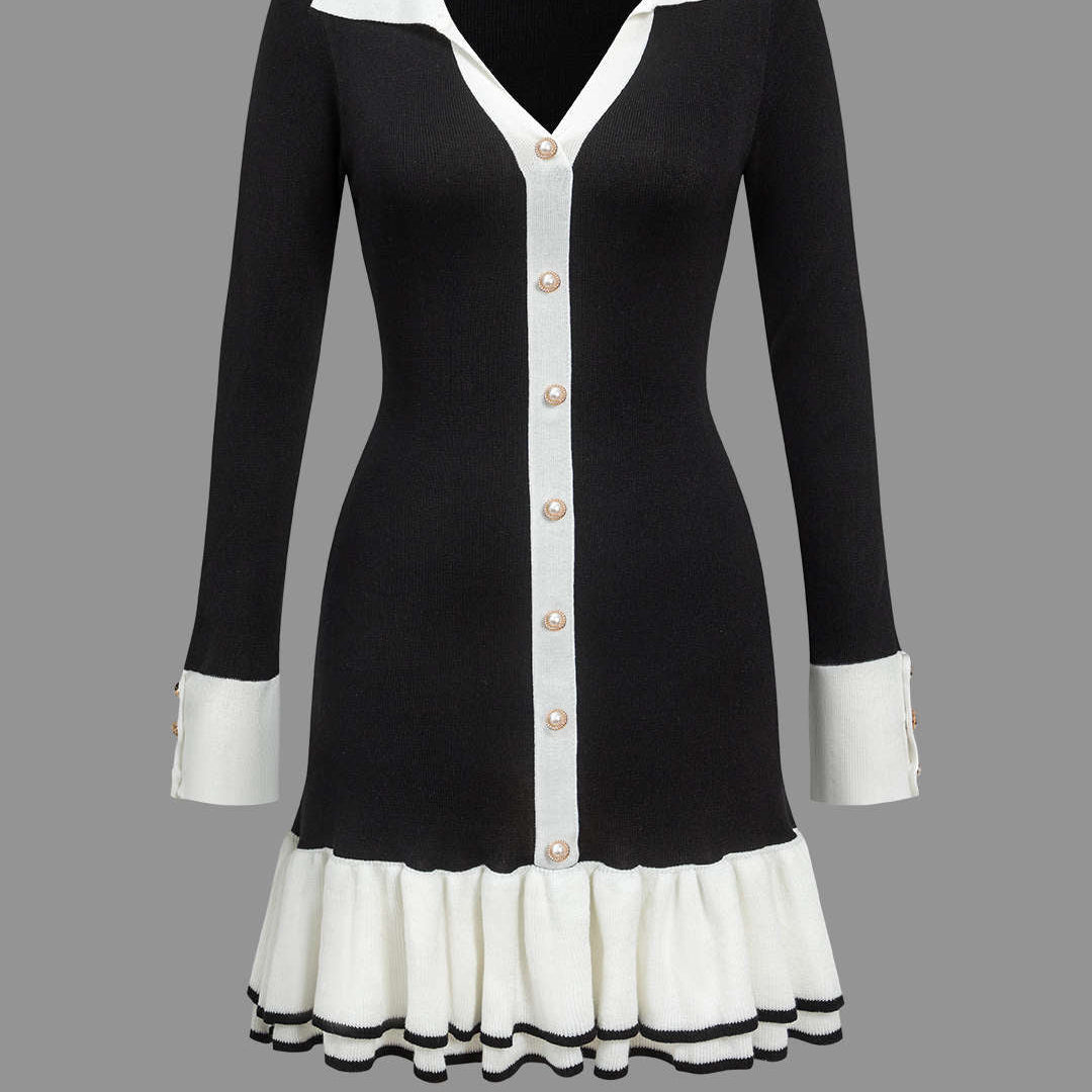 Kontrast Örgü Fiyonklu Arka Plise Mini Elbise