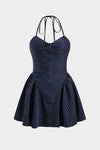 Stripes Button Halter Neck Backless Mini Elbise