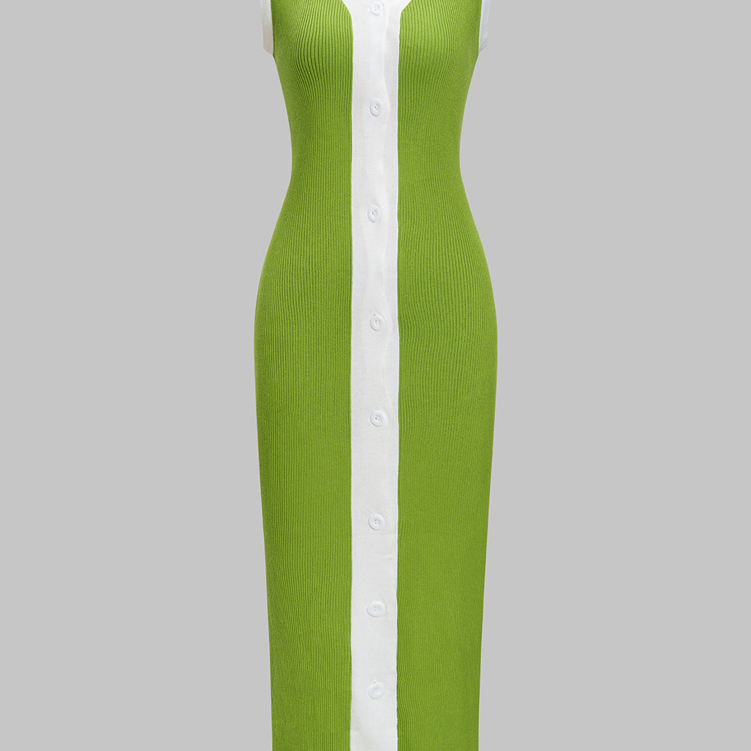 Kontrast Baskılı Triko Pataşvork Kolsuz Düğmeli Elbise