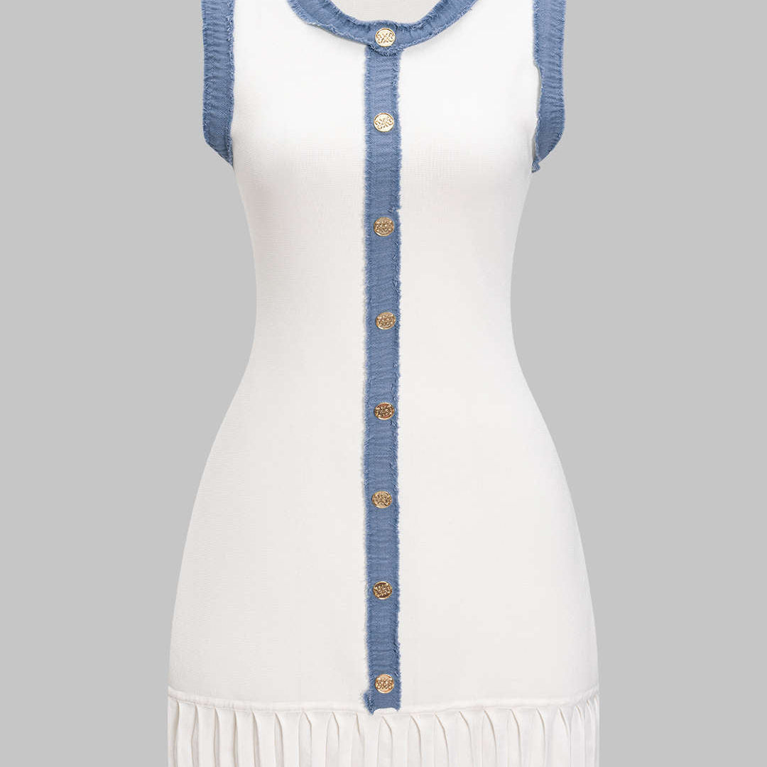 Triko Metalik Düğmeli Patiş İşlemeli Kolsuz Kazak Elbisesi