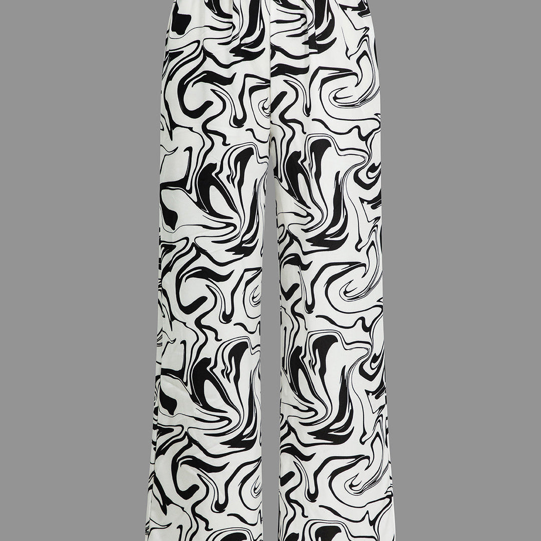 Mermer Desenli Yüksek Bel Düz Paça Pantolon