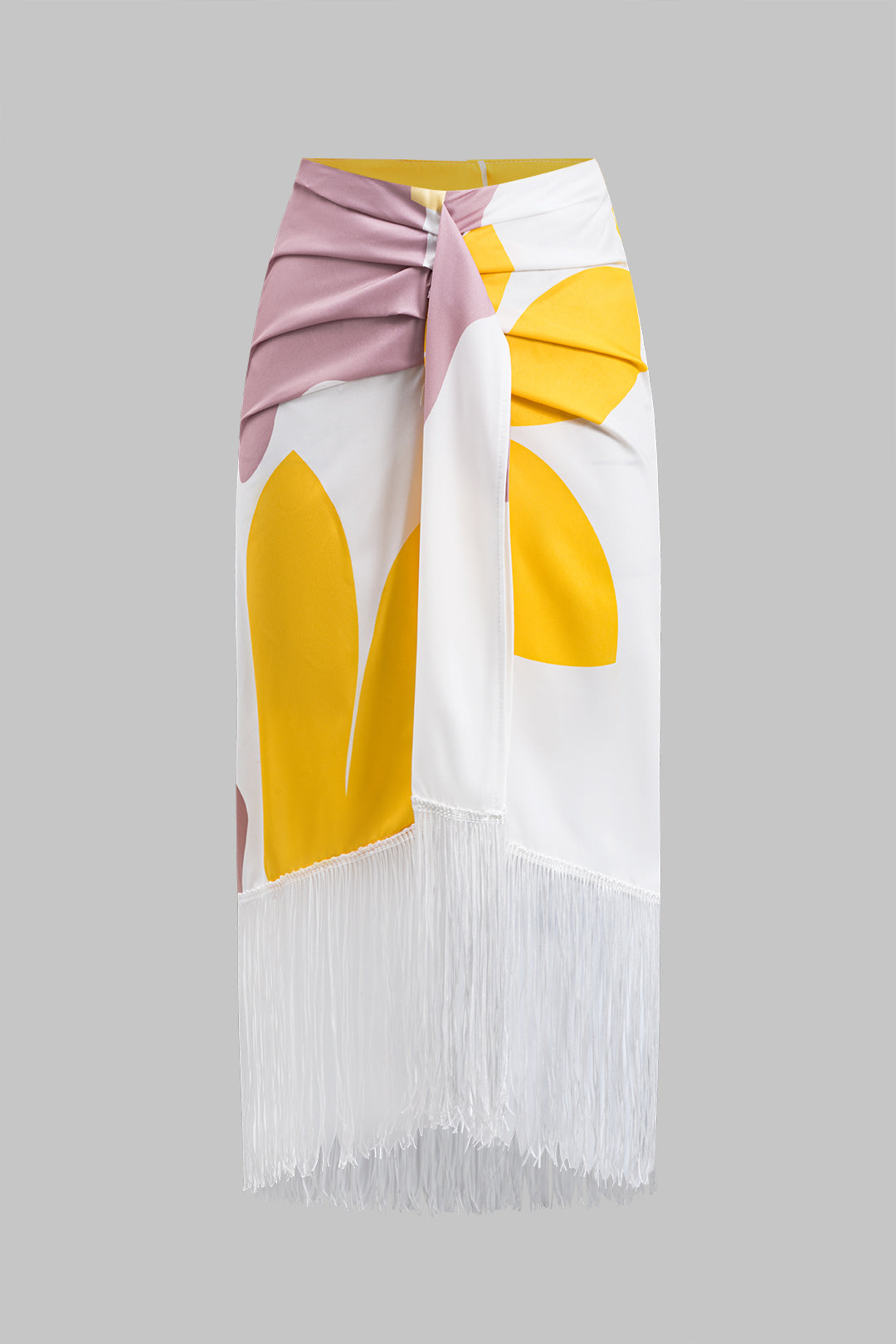 Abstrakt Baskı Fırfırlı Asimetrik Tek Omuz Uzun Kol Bluz ve Franjlı Etek Seti