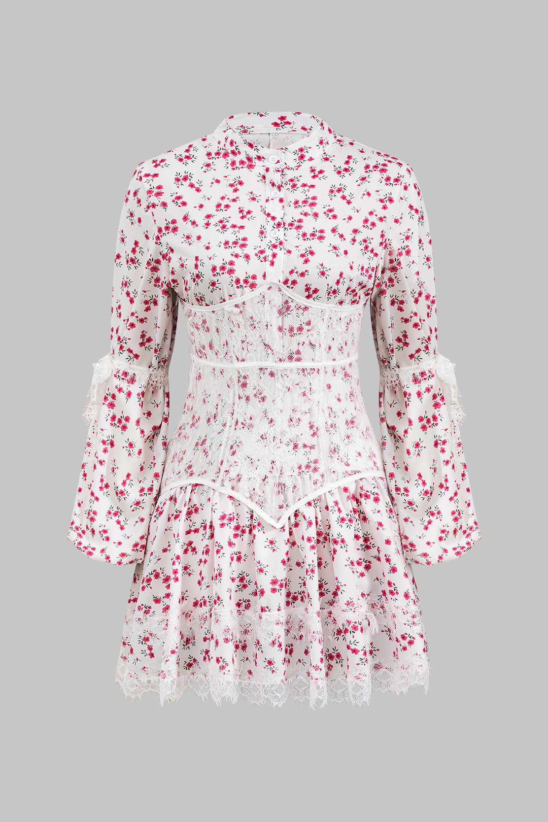 Dantel Kenar Detaylı Ditsy Çiçek Desenli Uzun Kollu Mini Elbise