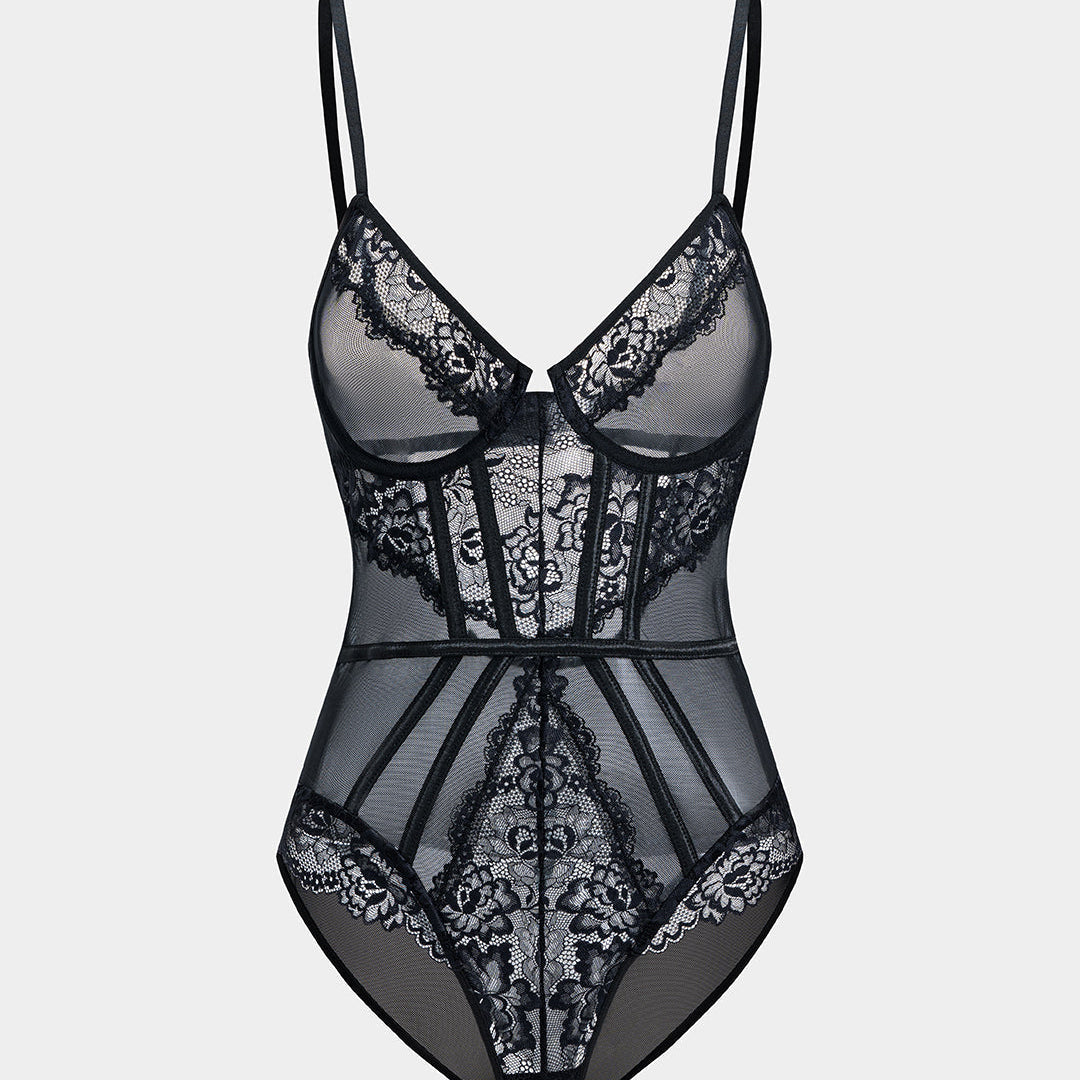Tül ve Dantelli Büstiyer Korse Bodysuit