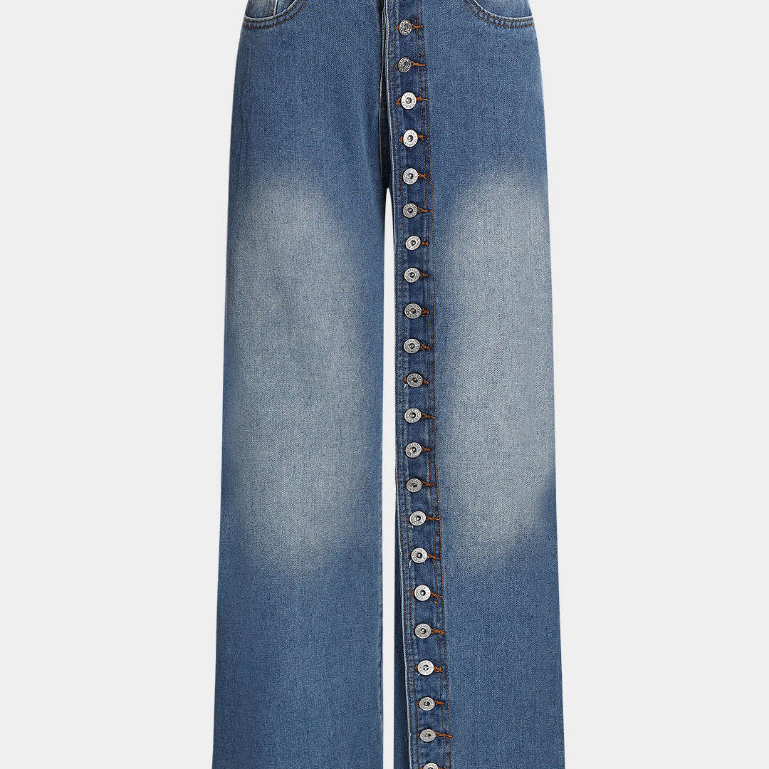 Düğmeli Yüksek Bel Düz Kesim Kot Pantolon