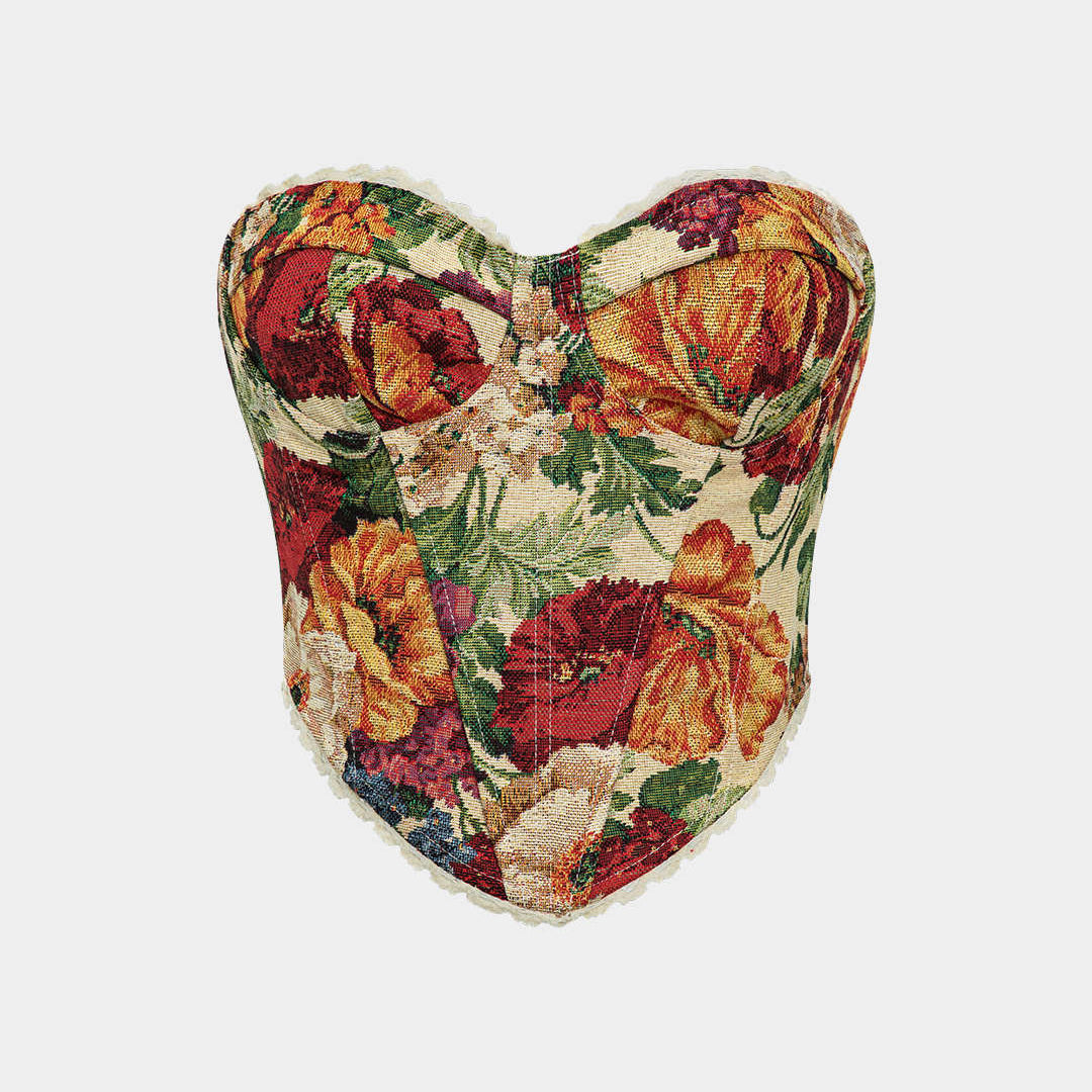 Retro Çiçek Desenli Bağlamalı Tube Üst