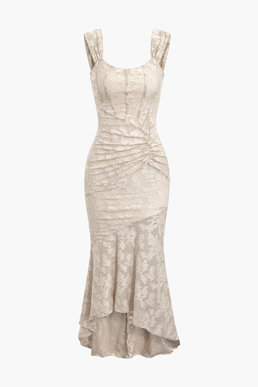 Çiçek Desenli Asimetrik Kenar Kıvrılmış Deniz Kızı Kolsuz Midi Elbise