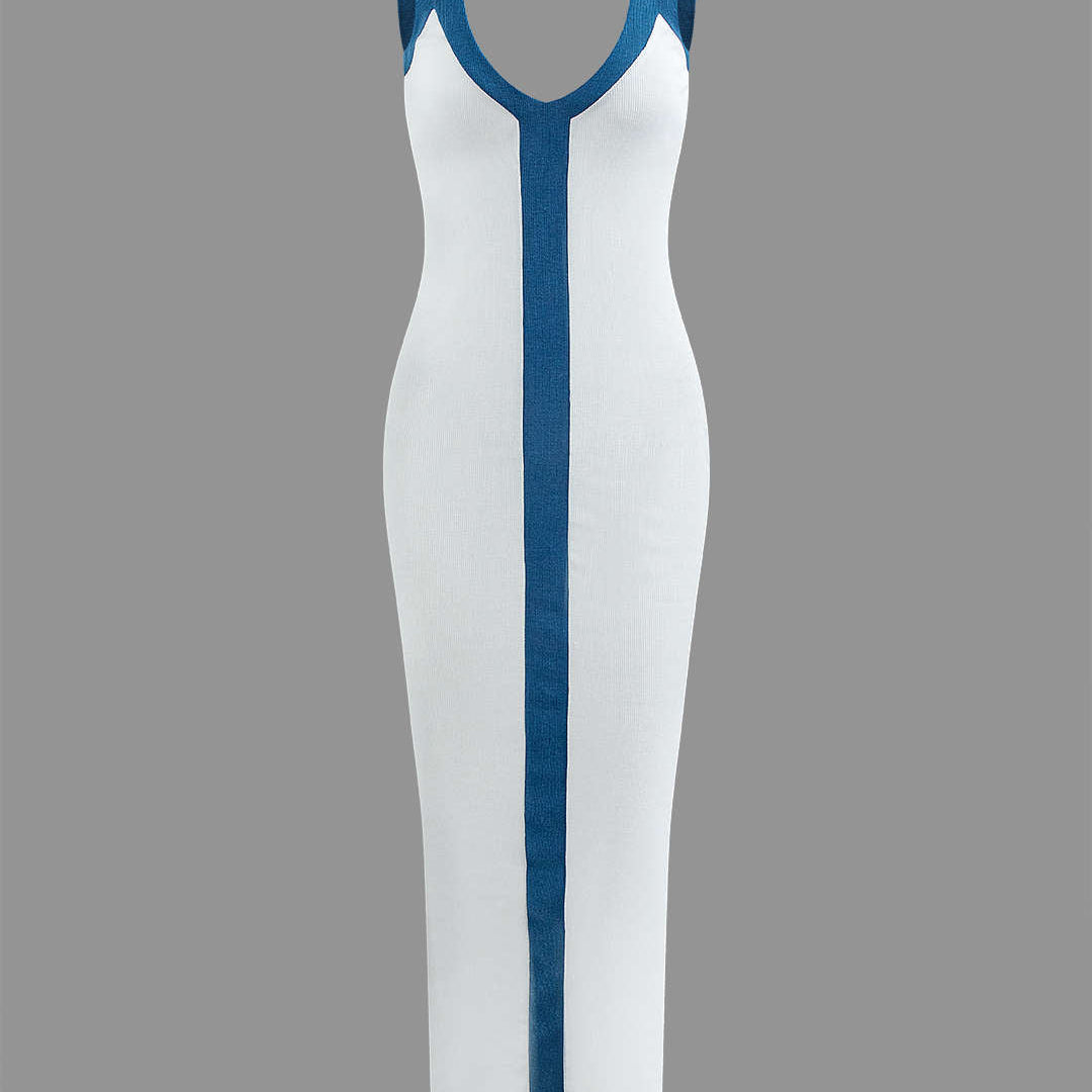 Renk Bloklu V Yaka Ribana Kesik Maxi Elbise