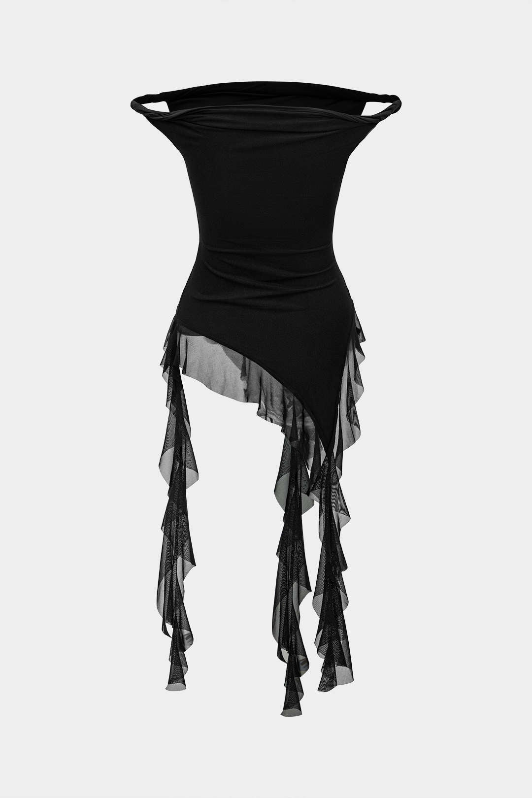 Ağ Mesh Volanlı Asimetrik Sıfır Kol Bluz