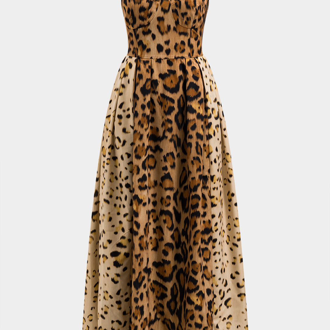 Leopar Desenli Kırışık Bustiyer Saten Midi Elbise