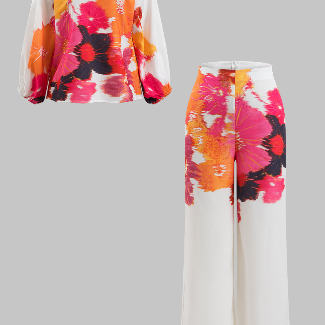 Çiçekli Desenli Off Shoulder Uzun Kollu Bluz Ve Fermuarlı Geniş Paça Pantolon Seti