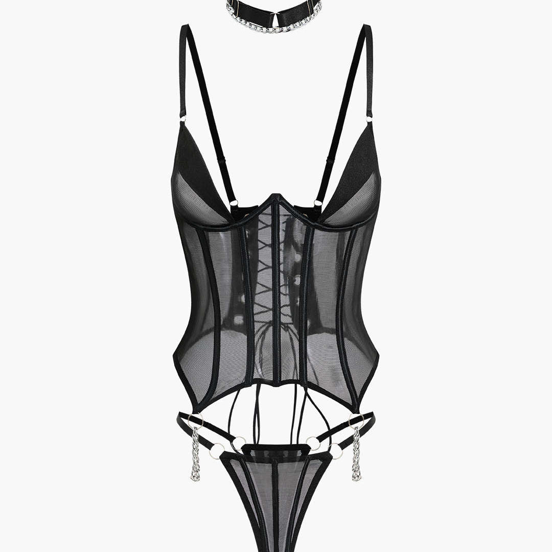 Tül Zincir Detaylı Büstiyer Bağlamalı Jartiyer Takımı