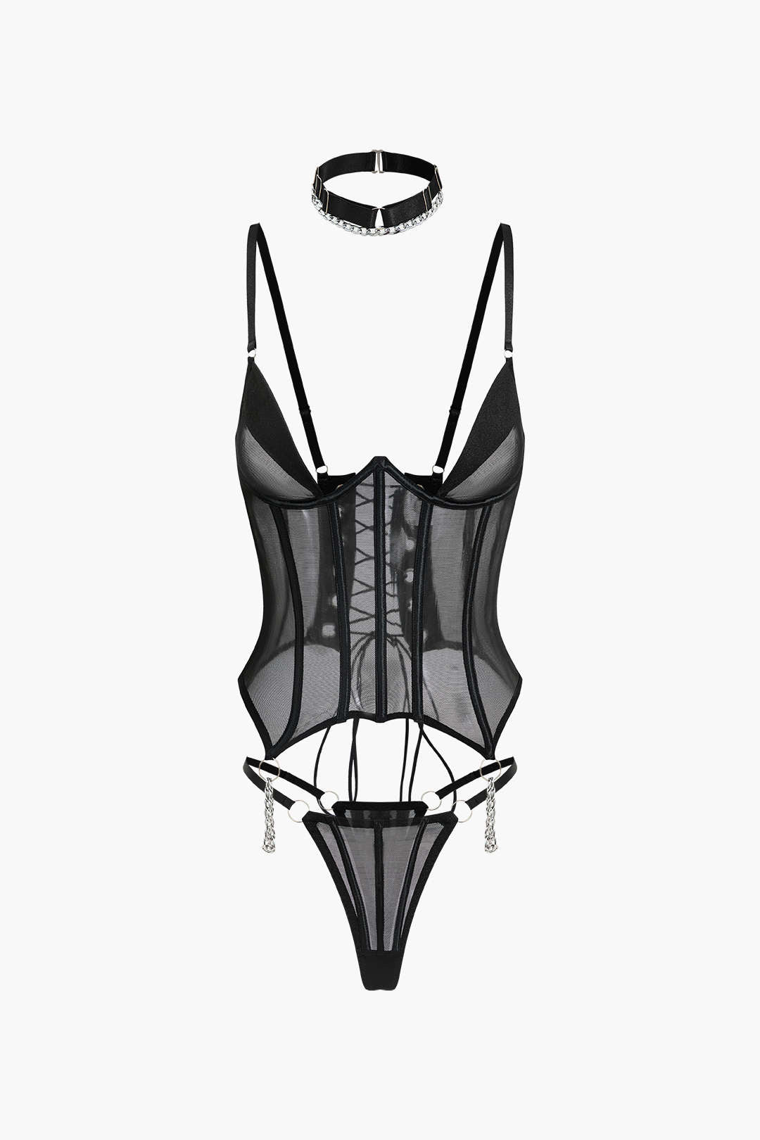 Tül Zincir Detaylı Büstiyer Bağlamalı Jartiyer Takımı