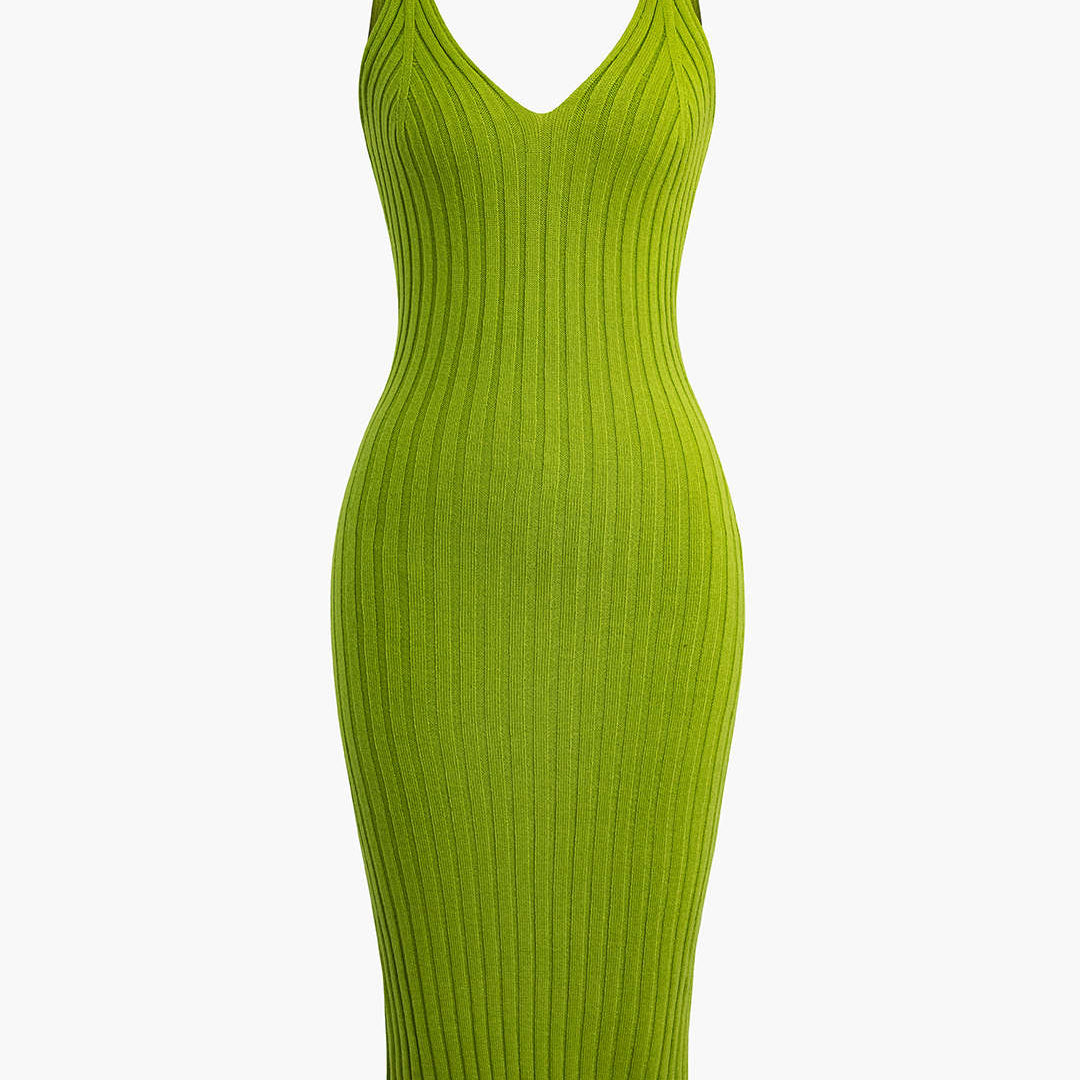 Kolsuz V Yaka Triko Midi Elbise