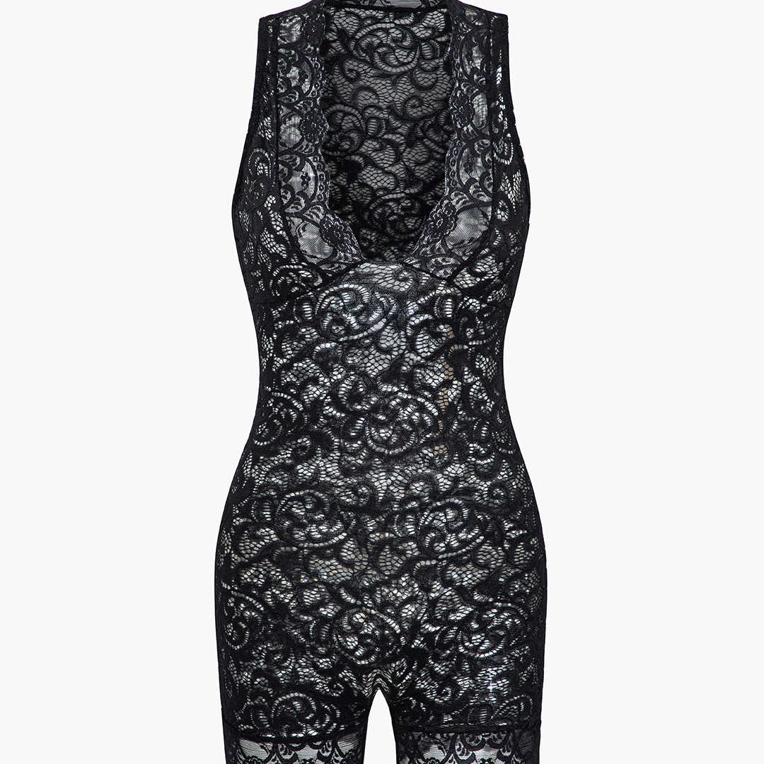 Dantel Şeffaf V Yaka Kolsuz Tulum