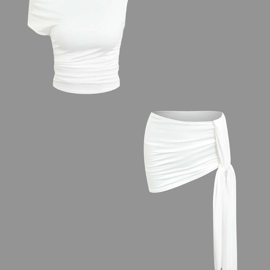 Basic Asimetrik Yırtmaçlı Crop Top Ve Bağlamalı Mini Etek Seti