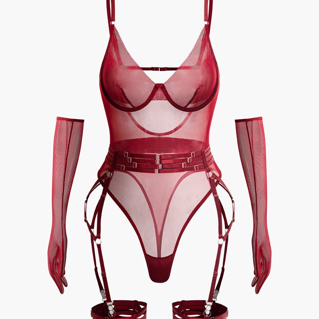 Şeffaf Mesh Kemerli Sırt Dekolteli Bodysuit Eldivenli