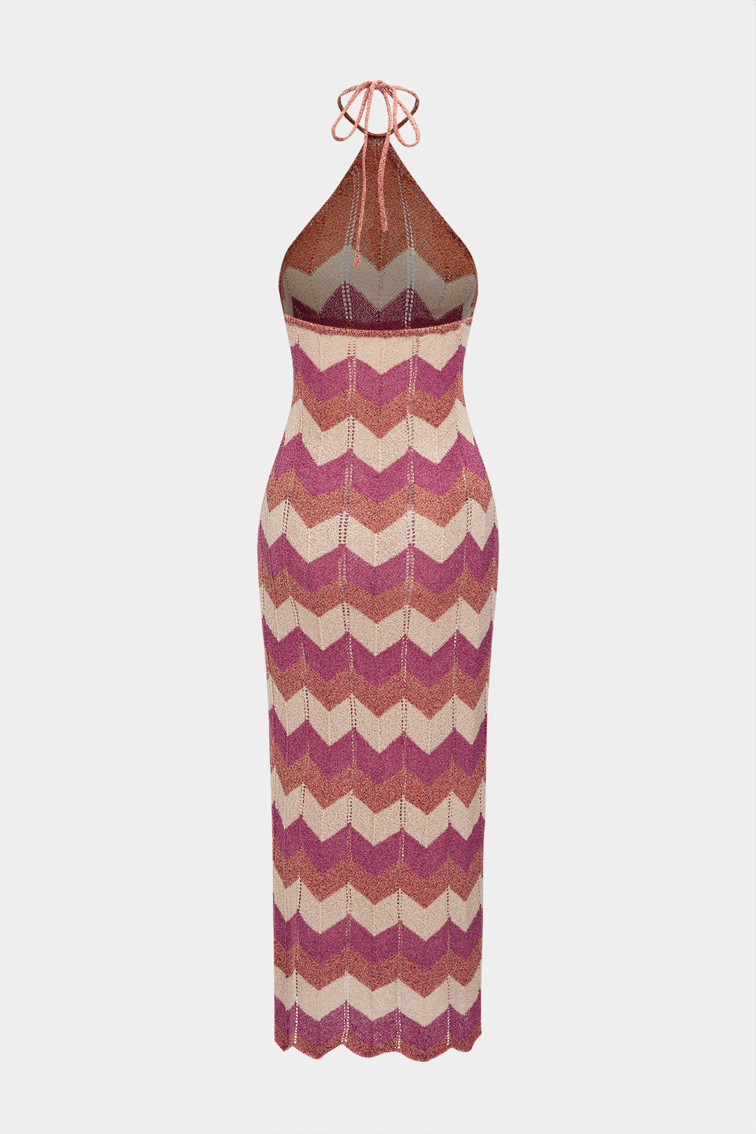 Triko Şerit Desenli Boşluklu Halter Yaka Bağlamalı Kolsuz Elbise