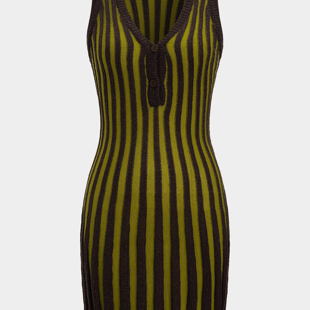 Örgü Kontrast V Yaka Düğmeli Kolsuz Elbise