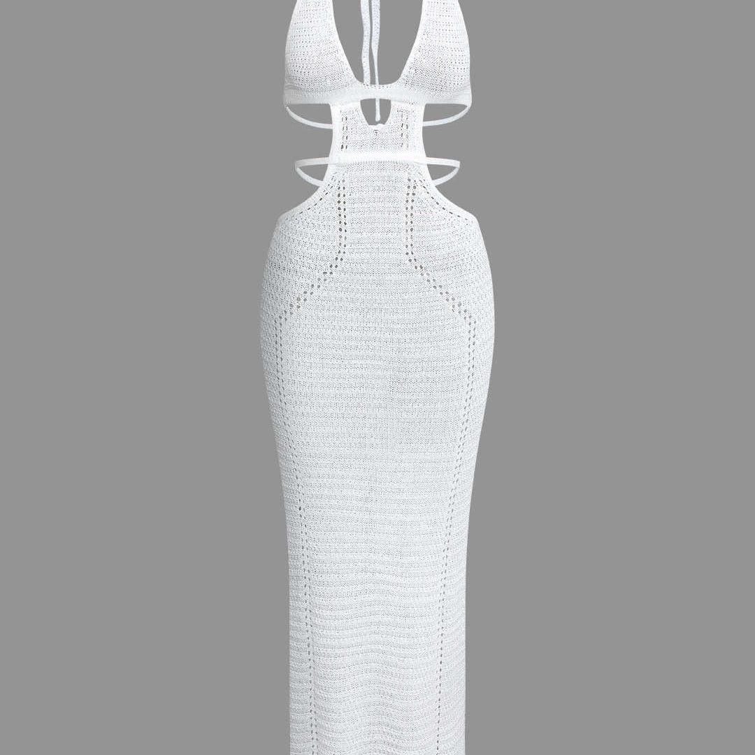 Kesik Yaka Sırt Açık Triko Maxi Elbise