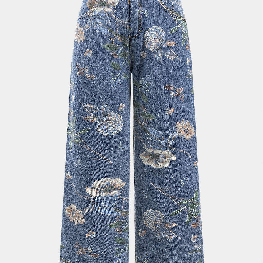 Retro Çiçek Desenli Denim Düğmeli Cepli Geniş Paça Kot Pantolon