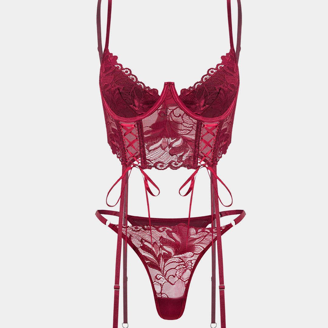 Dantel Çapraz Bağlama Detaylı Sırt Dekolteli İç Giyim Garter Seti