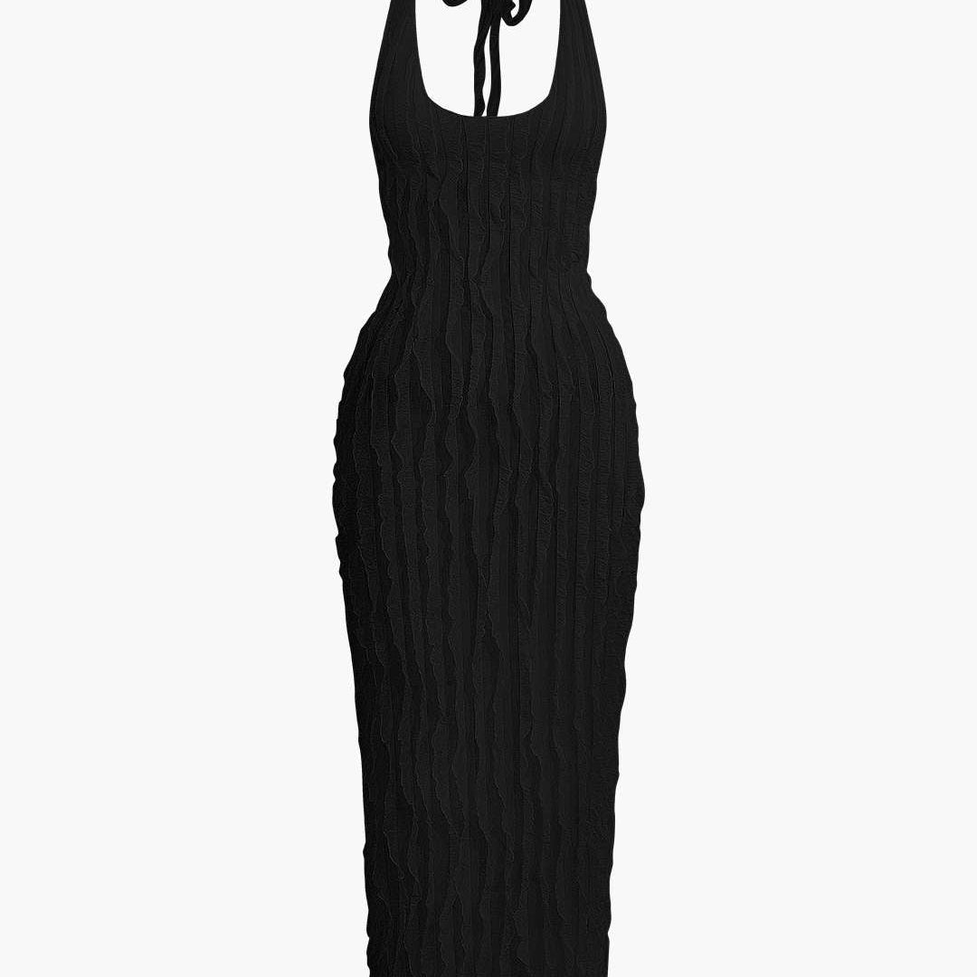 Şeffaf Volanlı Doku Halter Sırt Açık Maxi Elbise