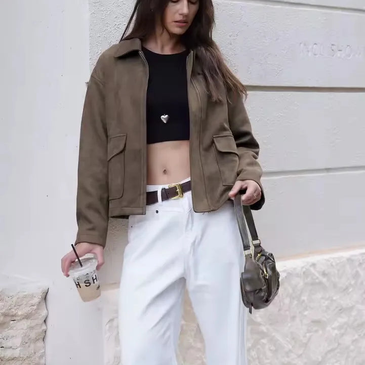 Cep Detaylı Süet Görünümlü Ceket