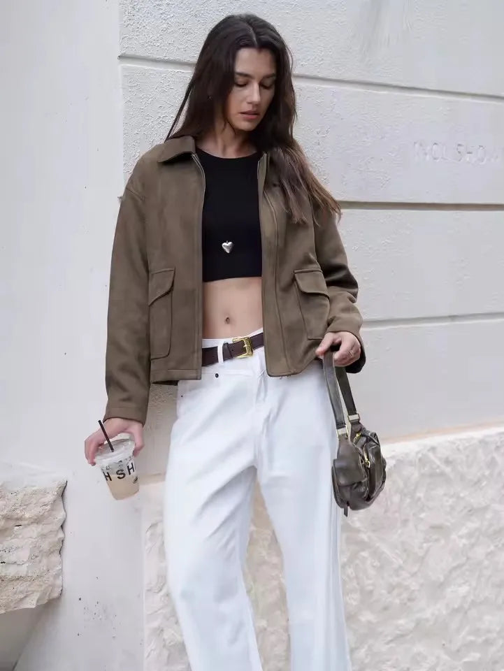 Cep Detaylı Süet Görünümlü Ceket