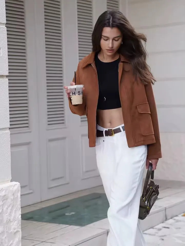 Cep Detaylı Süet Görünümlü Ceket