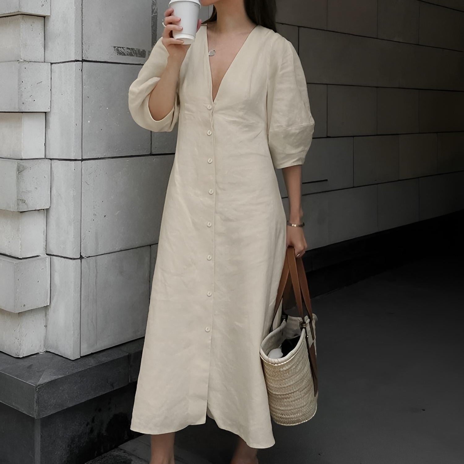 Yiwu Keten Düğmeli Uzun Elbise