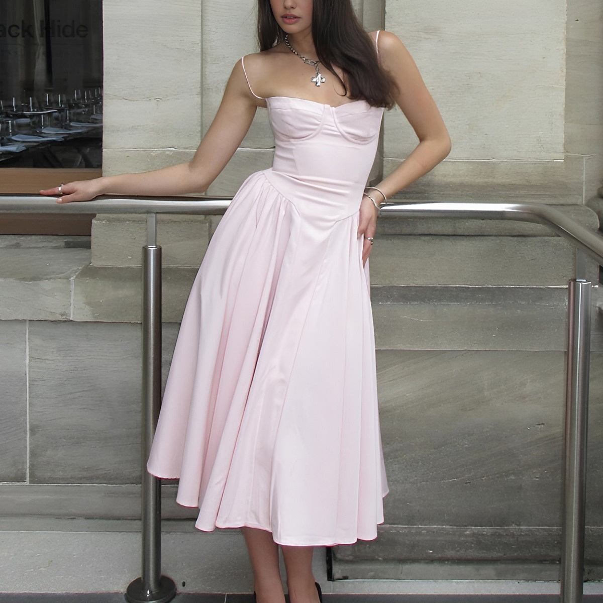 Düz Kalp Yaka Cami Midi Abiye Elbise