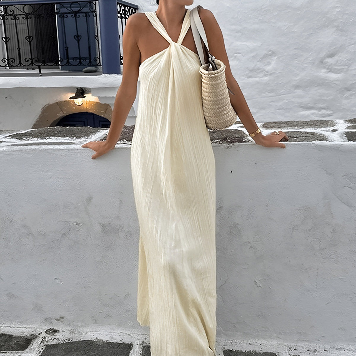 Kremsi Halter Uzun Elbise