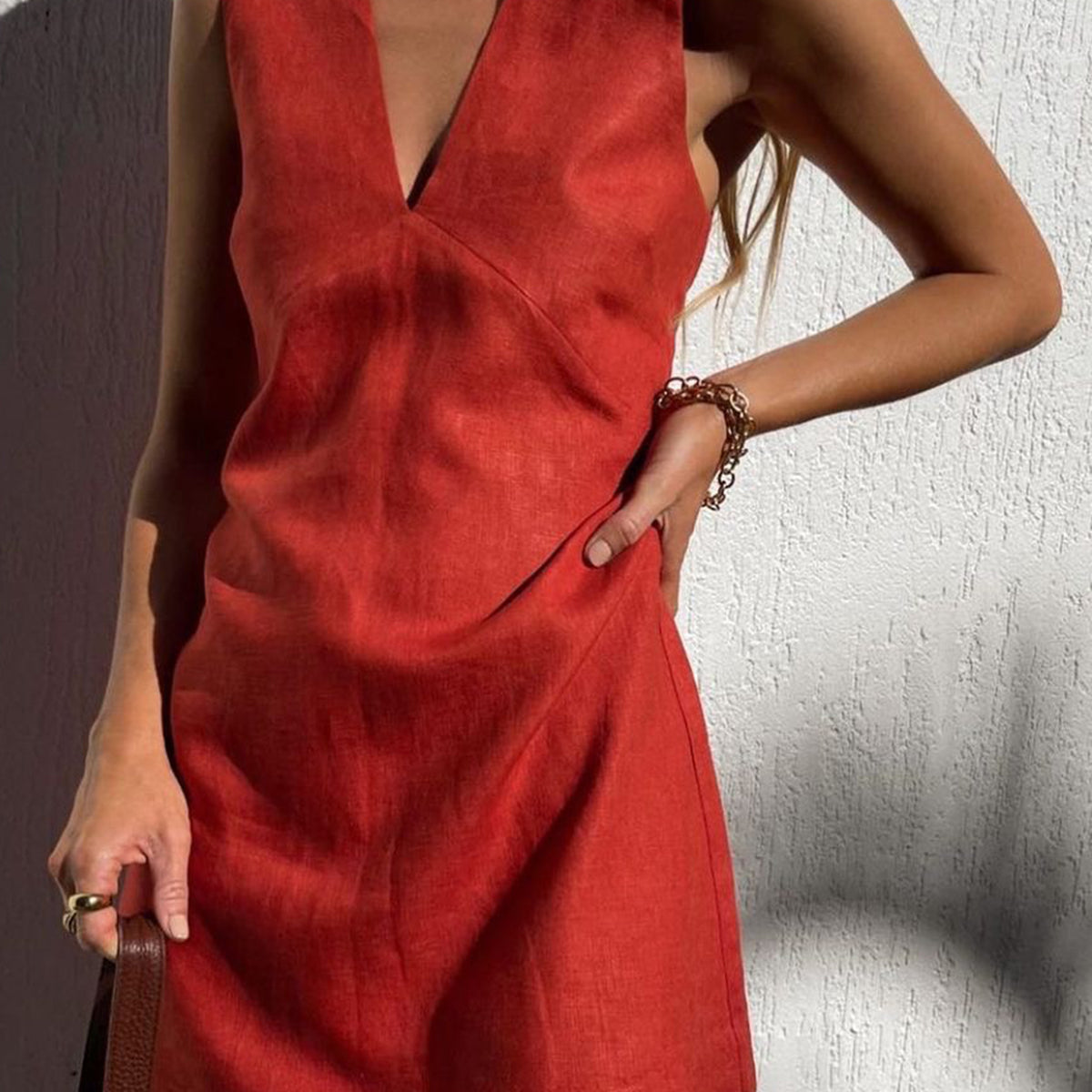 Syra Keten V Yaka Kısa Elbise Günlük Stil