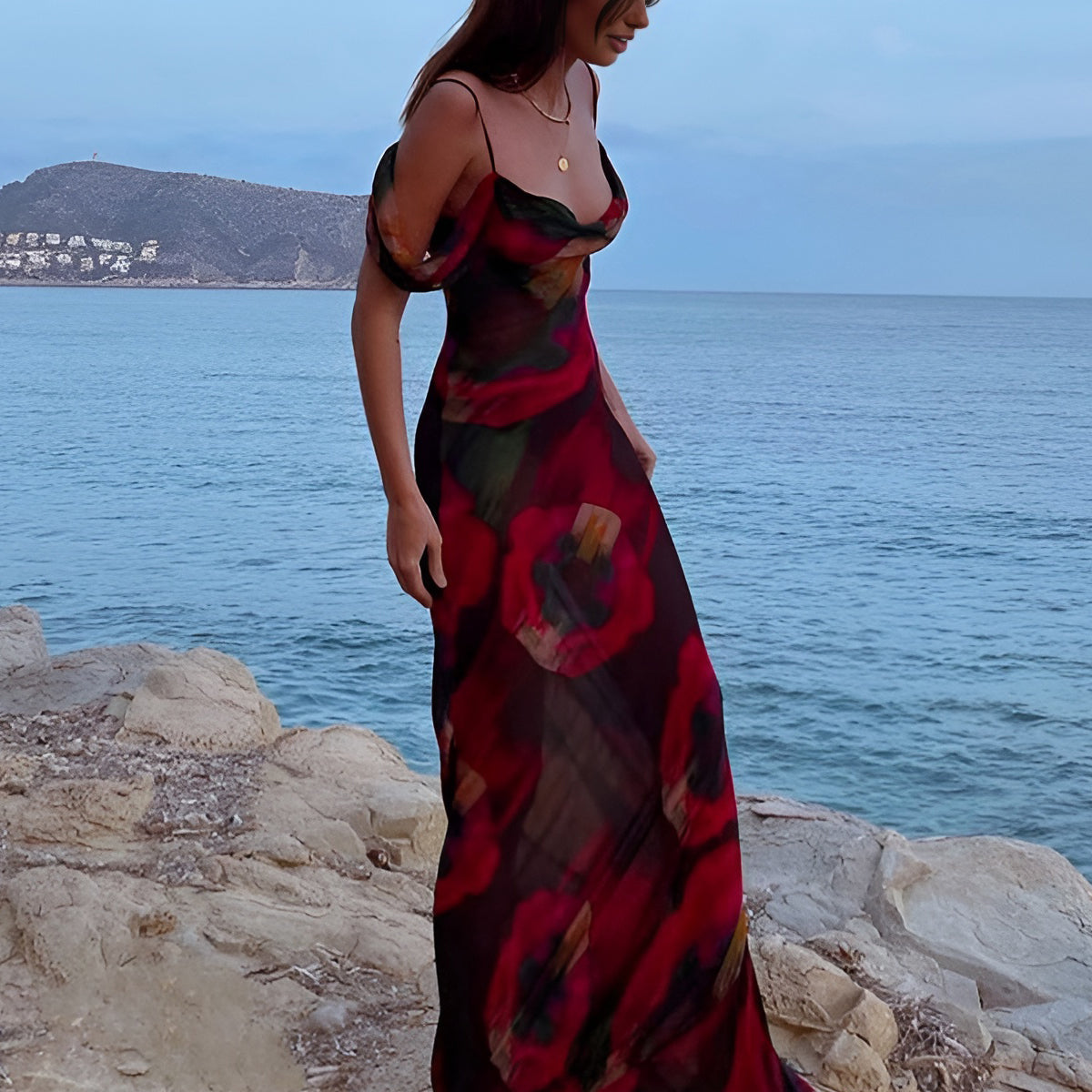 Şeffaf Çiçek Desenli Cami Uzun Elbise