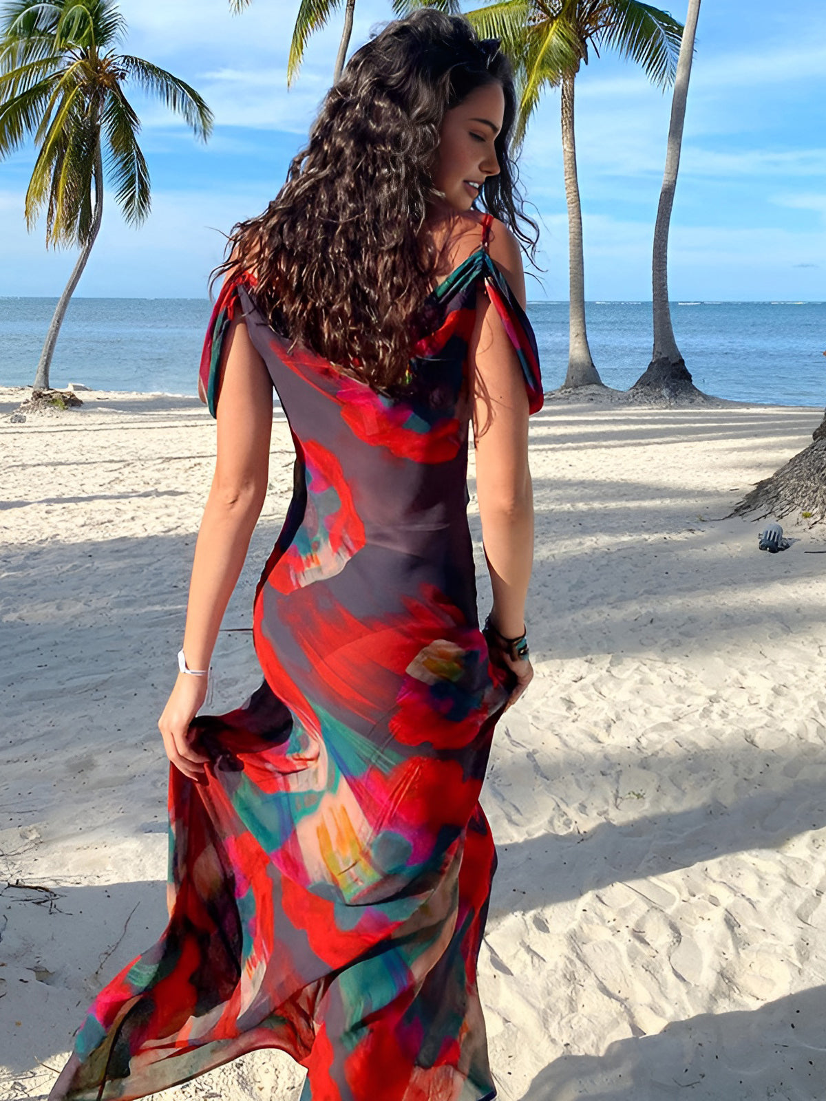 Olyssa Transparan Çiçek Desenli Cami Uzun Elbise