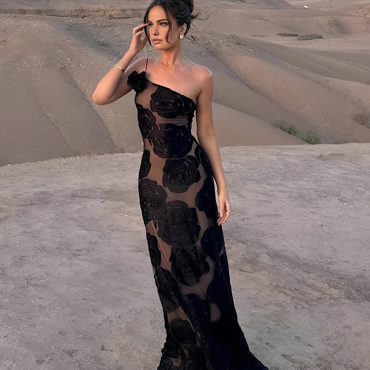 Jakarlı Çiçekli Asimetrik Uzun Elbise