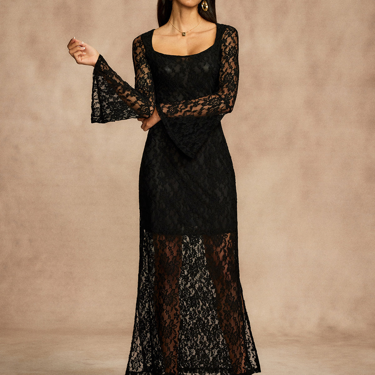 Dantel Çan Kollu Abiye Astarlı Elbise