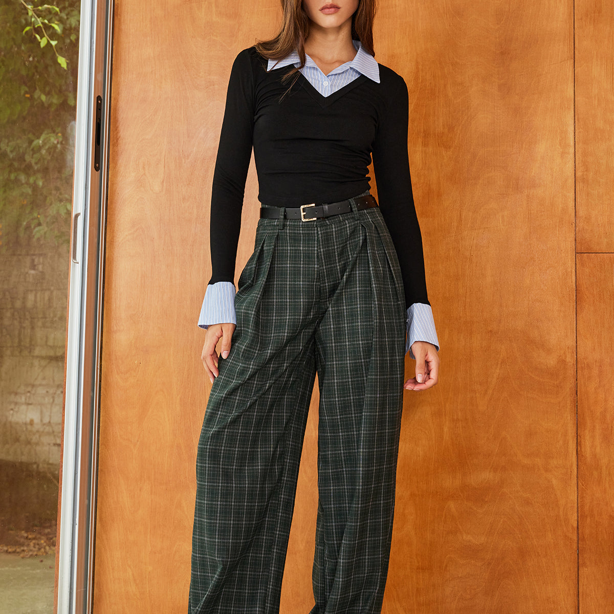 Vintage Ekose Kuşaklı Bol Paça Pantolon