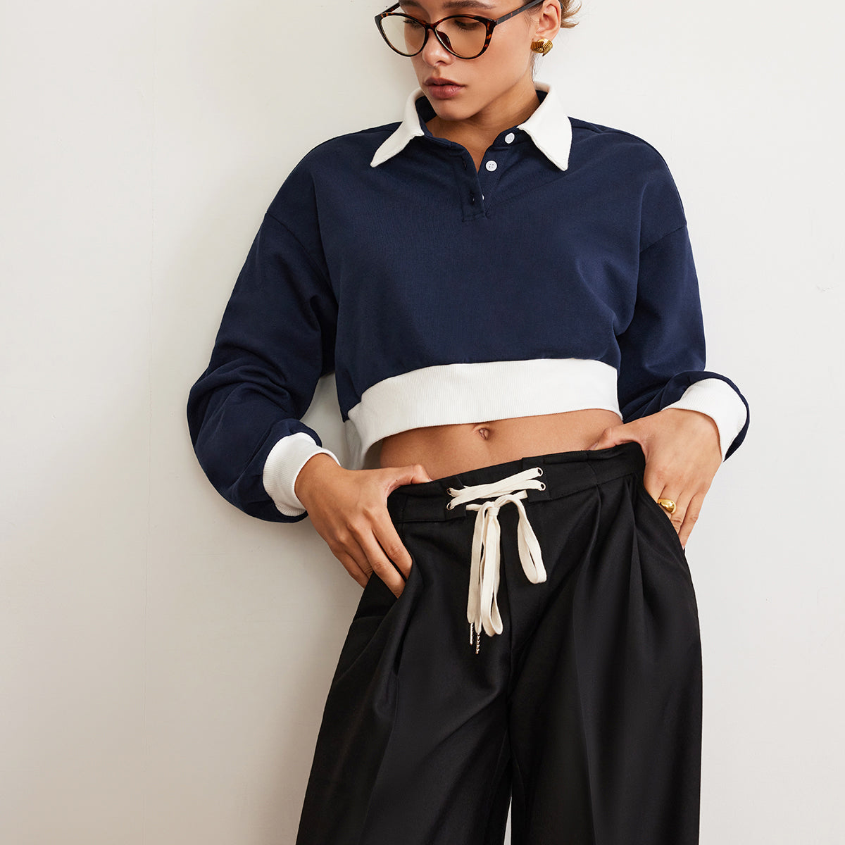 Yamalı Polo Crop Sweatshirt