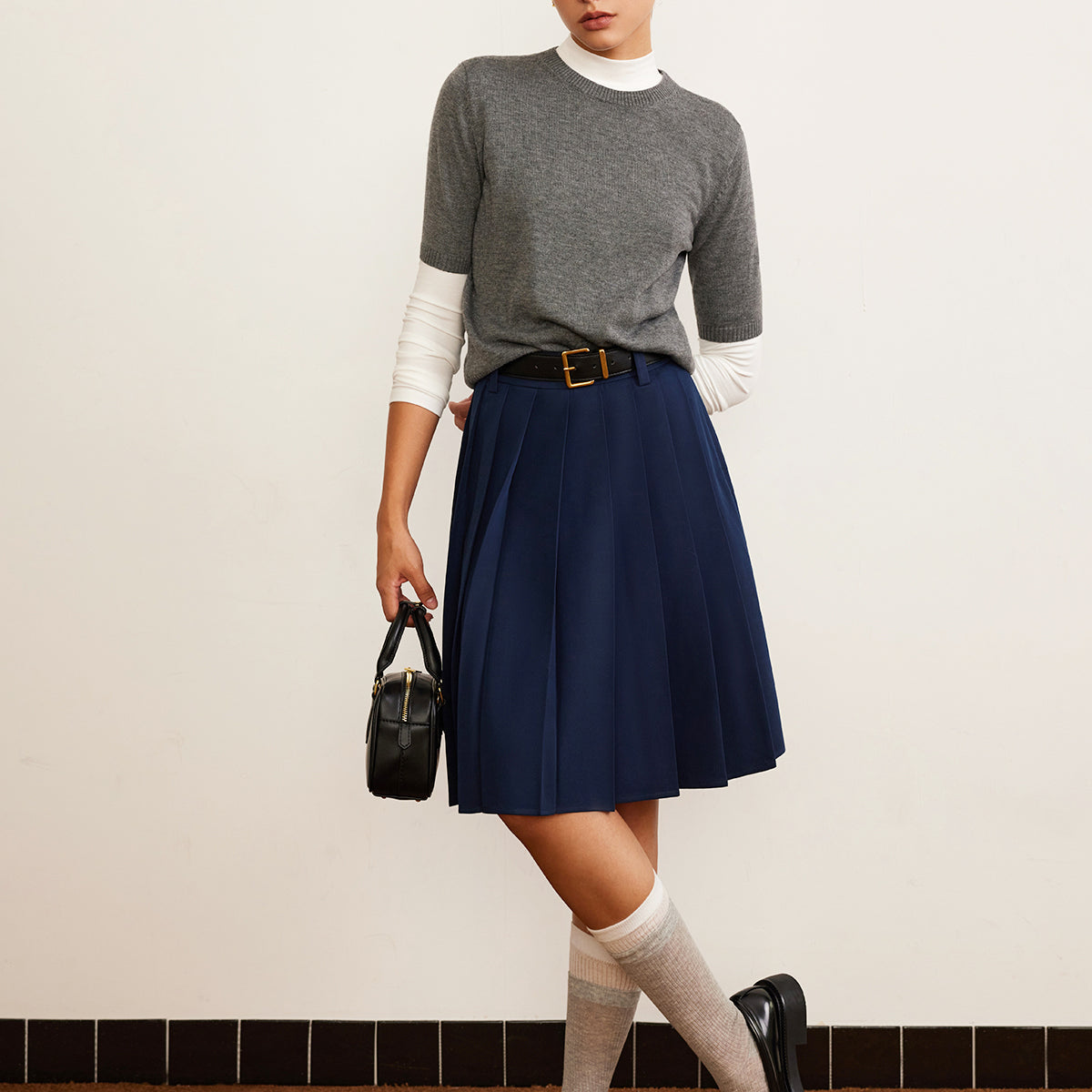 Kemerli Pileli Midi Etek