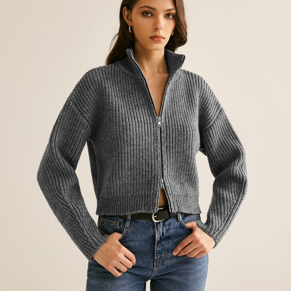 Düz Çift Fermuarlı Hırka