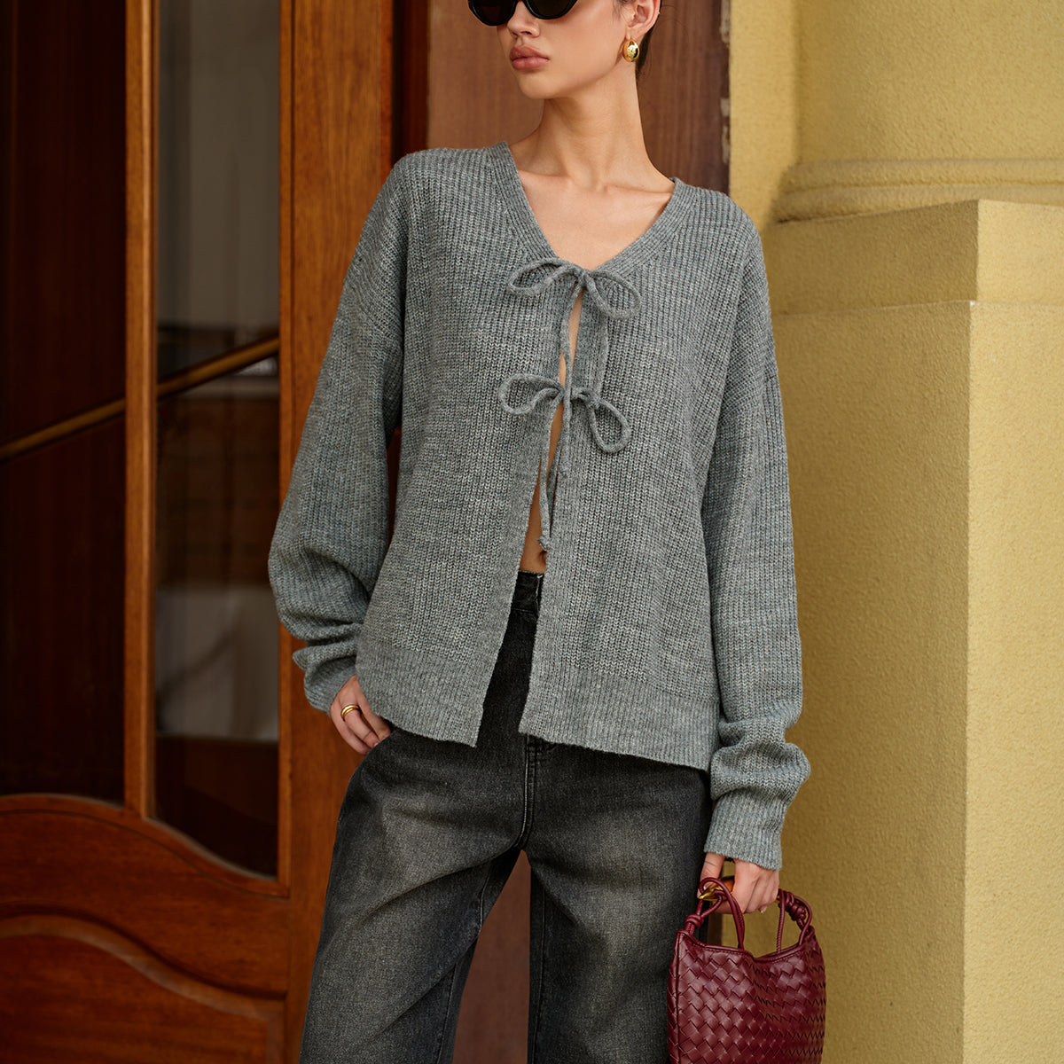 Yün Karışımlı V Yaka Kravat Önlü Hırka