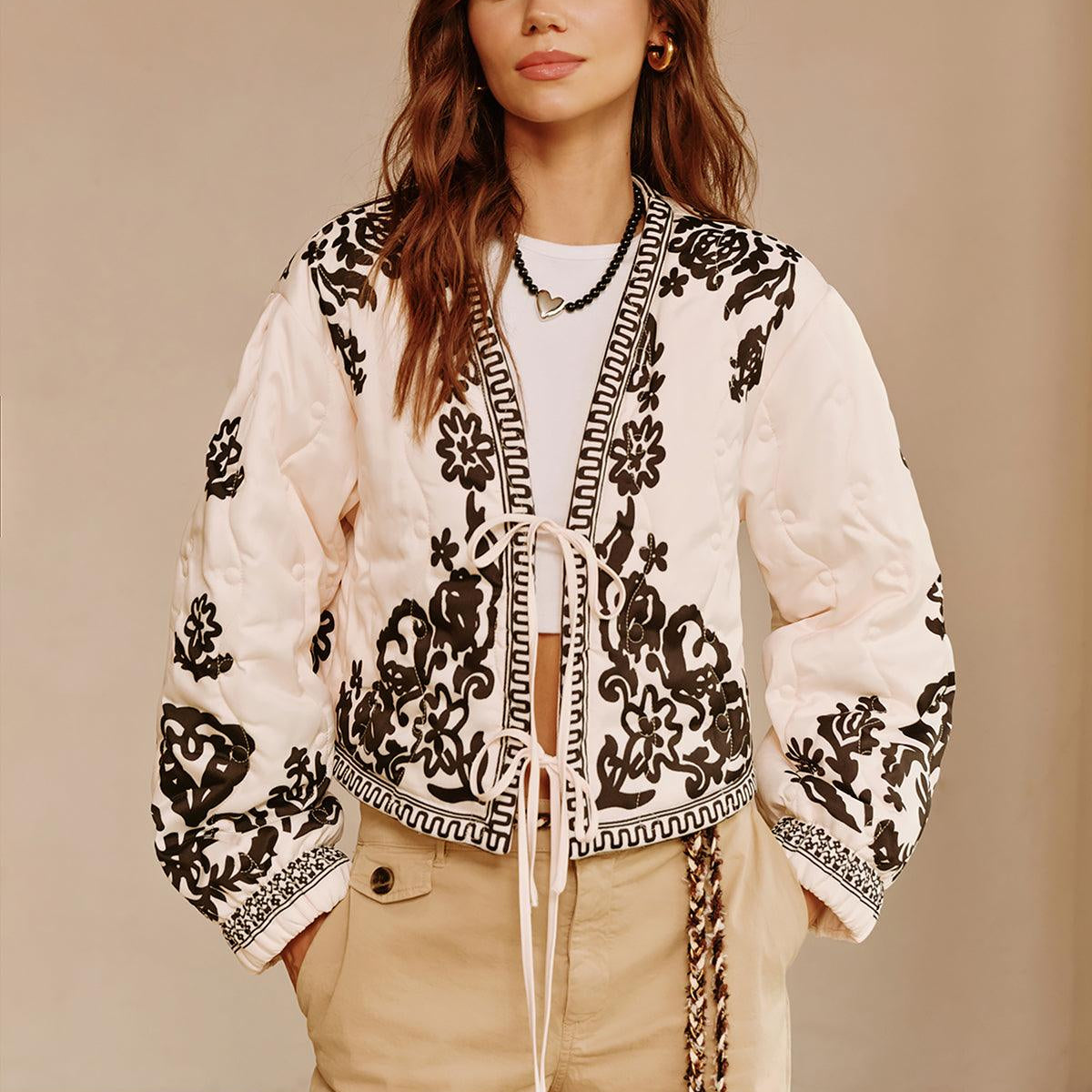 Desenli Şal Yaka Bağlamalı Ceket