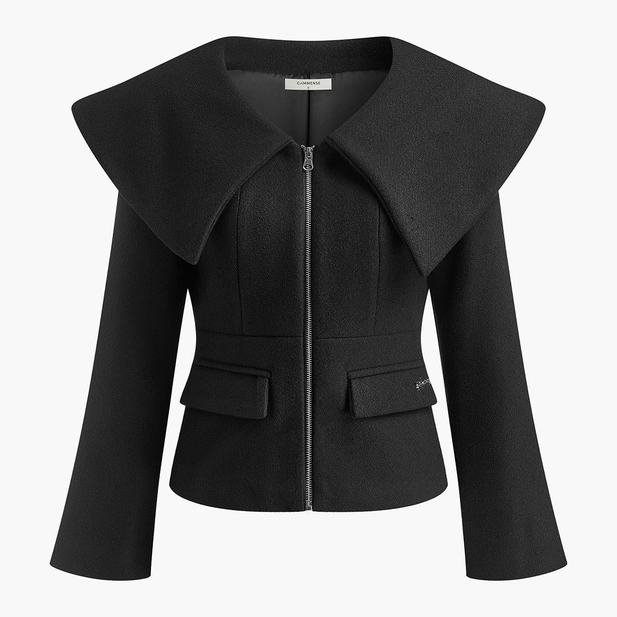 Geniş Yakalı Fermuar Detaylı Siyah Ceket