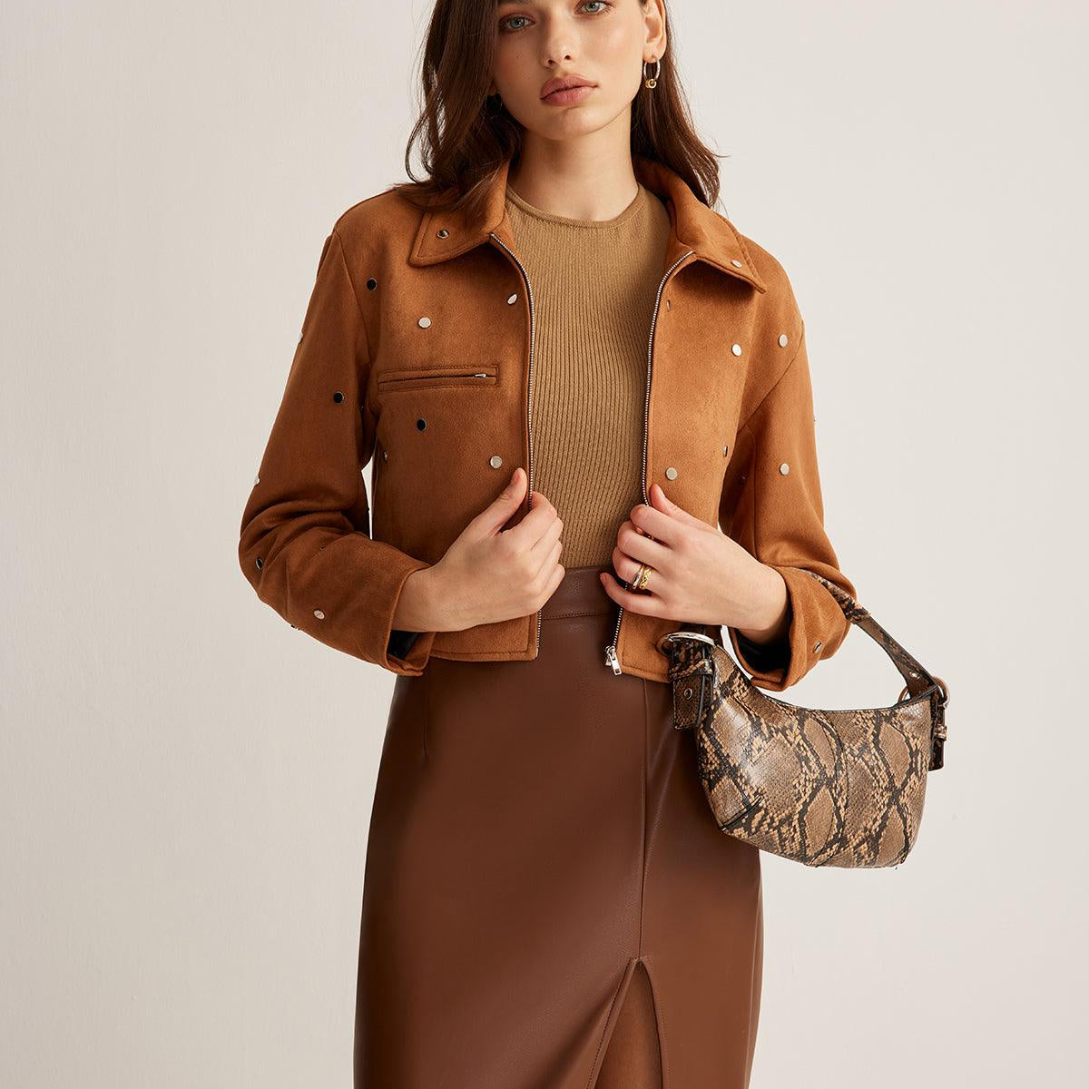 Studded Suede Crop Ceket