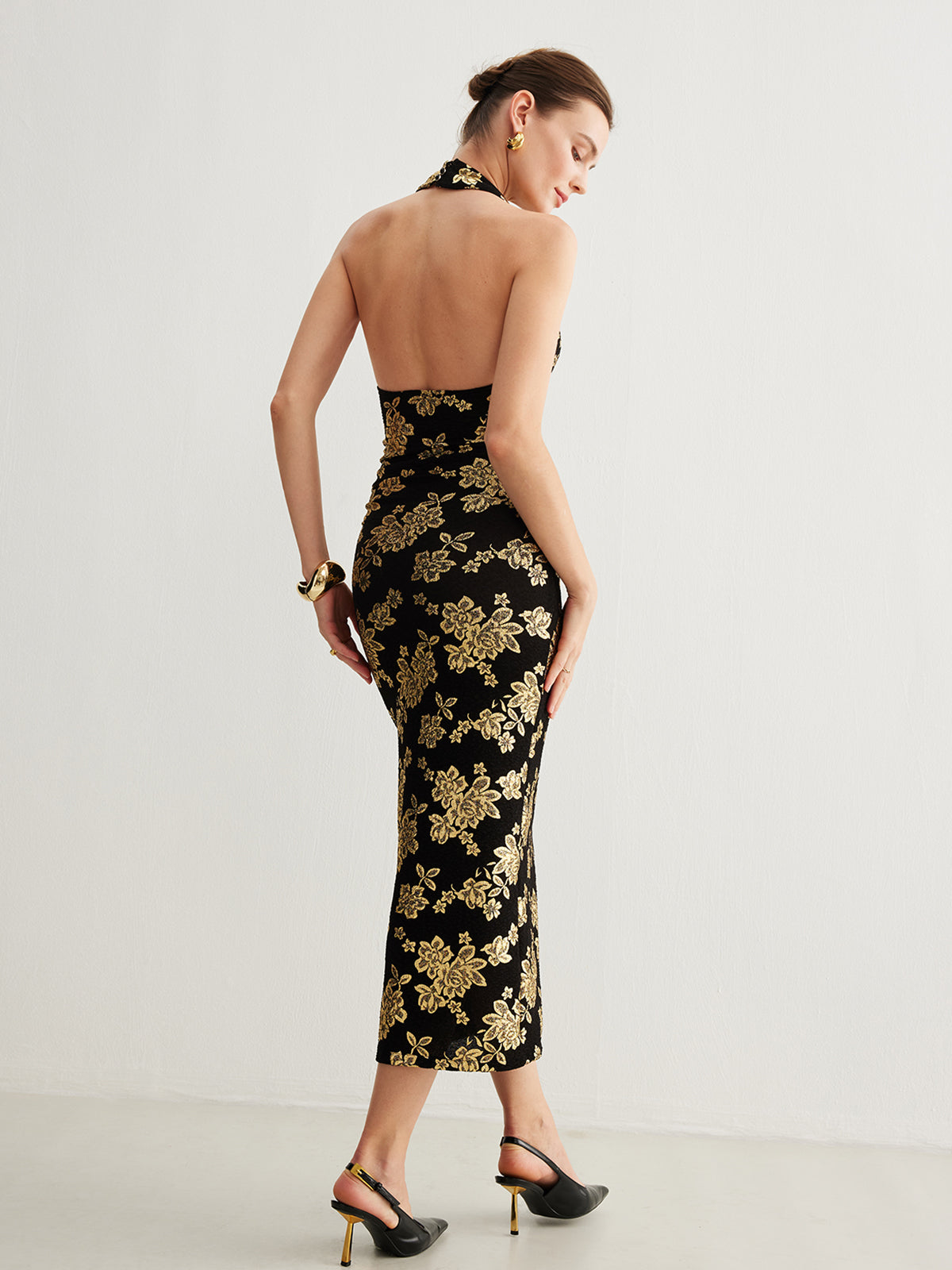 Olyssa Retro Sırt Açık Dar Halter Elbise